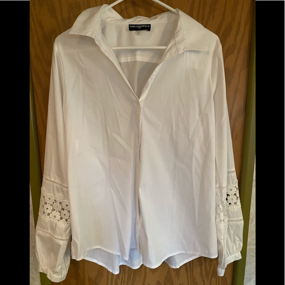 Karl Lagerfeld White Shirt Lace Sleeves Cotton L